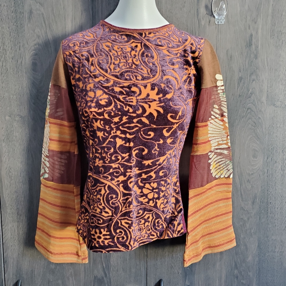 Save The Queen Orange and Purple Velvet Mixed-Media Long Sleeve Tee